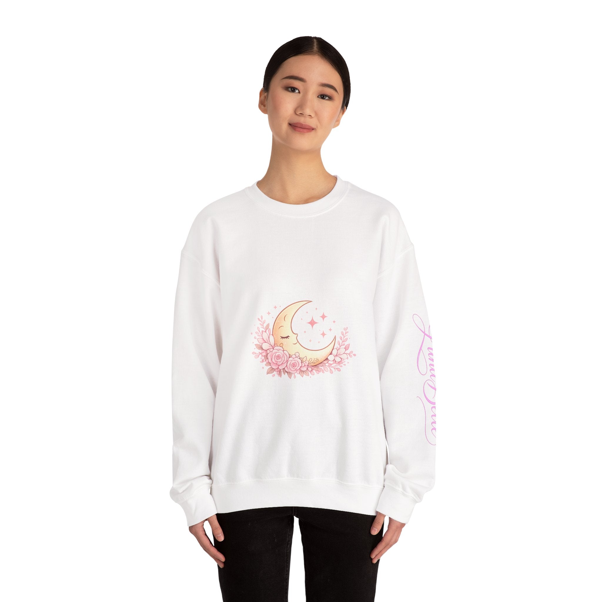 LunaBelle Dreamy Moon Floral Crewneck Sweatshirt – Soft Pink Graphic Pullover